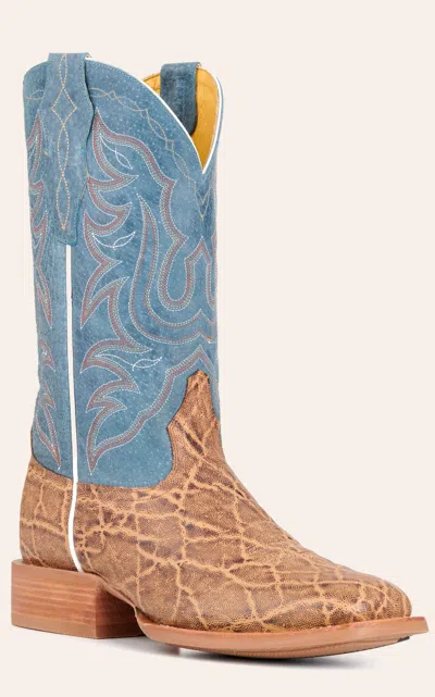 Cavenders Cavender's Men's Intrepid Tan Elephant Print And Blue Wide Square Toe Cowboy Boots In Brown