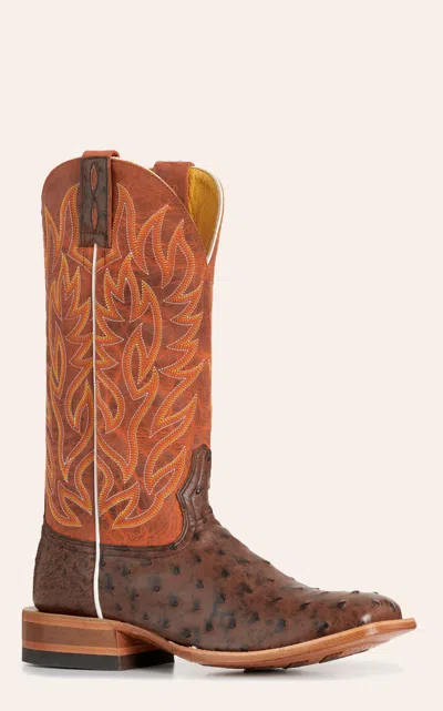 Cavenders Cavender's Men's Lainey Brown & Orange Full Quill Ostritch Wide Square Toe Cowboy Boots