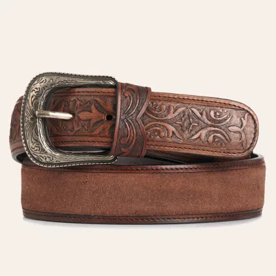 Cavenders Cavender's Men's Medium Brown Embossed Leather & Chocolate Suede Inlay Belt