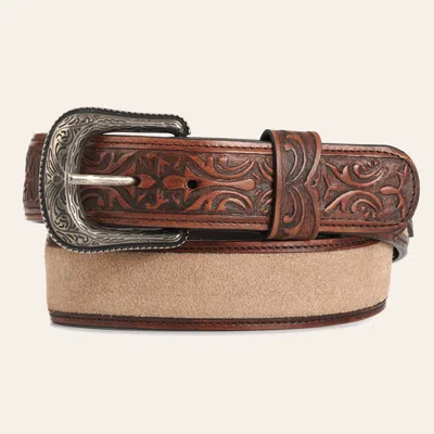 Cavenders Cavender's Men's Medium Brown Embossed Leather & Light Tan Suede Inlay Belt