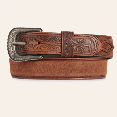 Cavenders Cavender's Men's Medium Brown Embossed Leather & Suede Inlay Belt