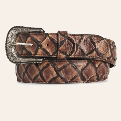 Cavenders Cavender's Men's Oak Glazed Pirarucu Print Leather Belt With Silver Buckle In Brown