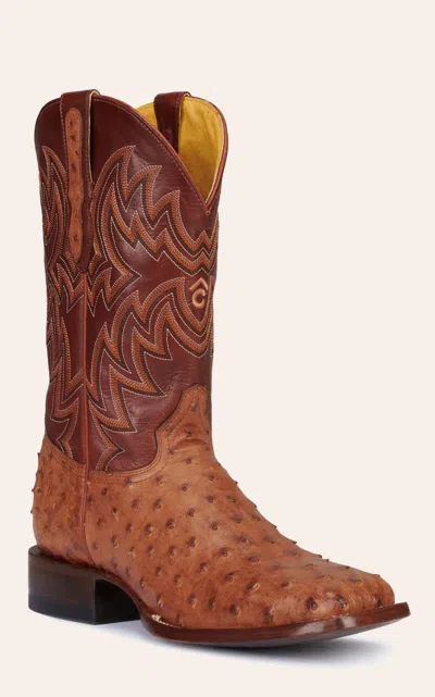 Cavenders Cavender's Men's Orange And Cognac Full Quill Ostrich Rafter C Wide Square Toe Exotic Cowboy Boots In Brown