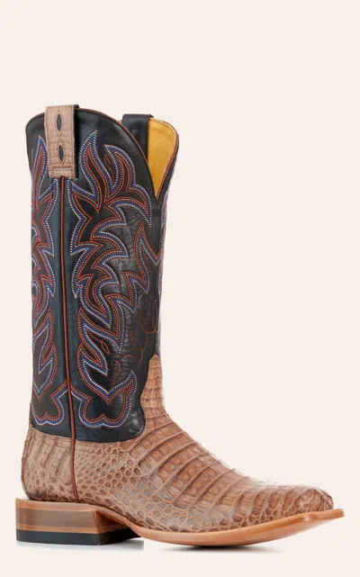 Cavenders Cavender's Men's Pearland Latte Cognac & Black Caiman Belly Wide Square Toe Cowboy Boots In Brown