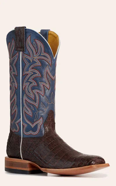 Cavenders Cavender's Men's Pearland Nicotine & Blue Caiman Wide Square Toe Cowboy Boots In Multi