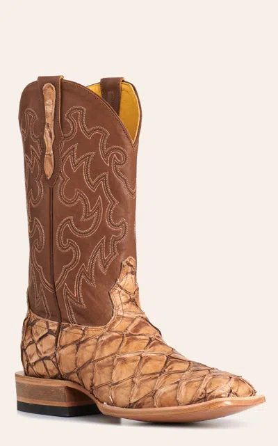 Cavenders Cavender's Men's Saddle Pirarucu & Brown Leather Wide Square Toe Cowboy Boots