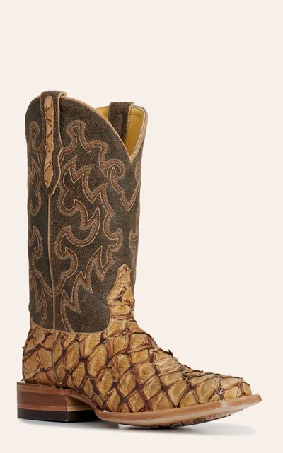 Cavenders Cavender's Men's Sand Pirarucu & Cowhide Wide Square Toe Exotic Cowboy Boots In Multi