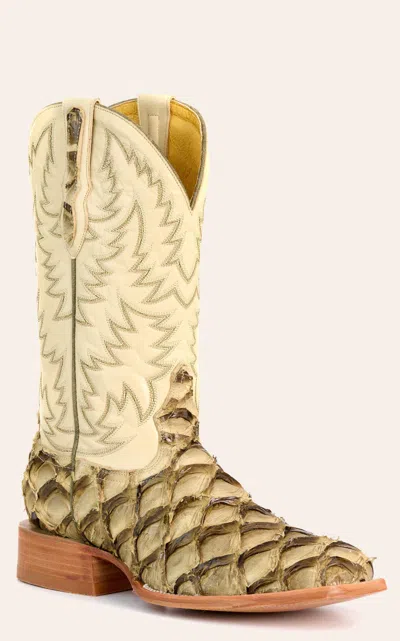 Cavenders Cavender's Men's Slate Pirarucu And Bone Wide Square Toe Exotic Cowboy Boots In Green