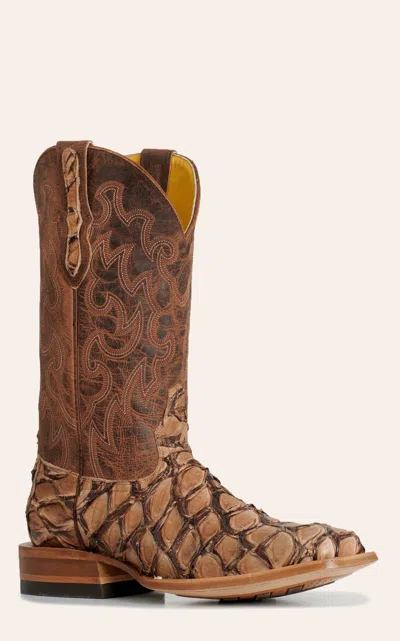 Cavenders Cavender's Men's Tan Pirarucu & Honey Cowhide Wide Square Toe Exotic Cowboy Boots In Brown
