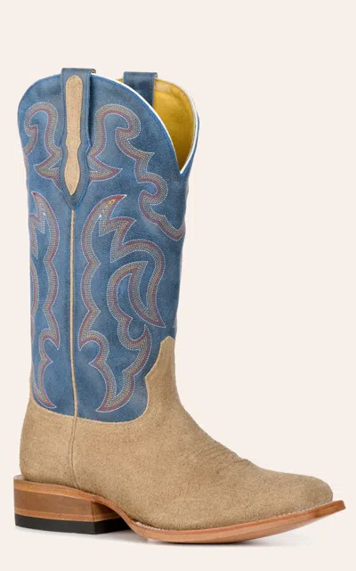 Cavenders Cavender's Men's Tan Roughout And Blue Wide Square Toe Cowboy Boots In Brown