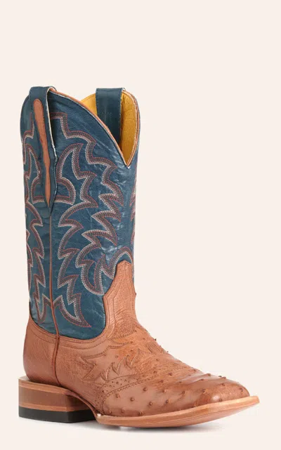 Cavenders Cavender's Private Label Women's Horseman Cognac Ostrich & Blue Wide Square Toe Boots In Brown