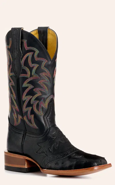 Cavenders Cavender's Women's Black Ostrich Colorful Stitch Wide Square Toe Cowboy Boots