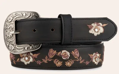 Cavenders Cavender's Women's Black With Floral Embroidery Leather Belt