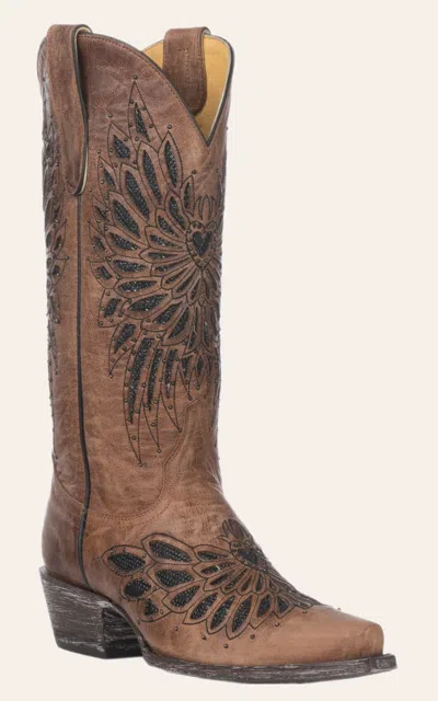 Cavenders Cavender's Women's Brass Leather With Black Crystal Inlay Snip Toe Cowboy Boots In Brown
