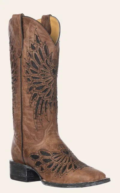 Cavenders Cavender's Women's Brass With Black Crystals Fabric Inlay Square Toe Cowboy Boots In Brown