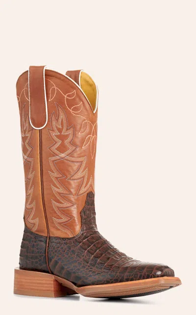 Cavenders Cavender's Women's Chocolate & Whiskey Crocodile Print Wide Square Toe Cowboy Boots In Brown