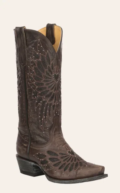 Cavenders Cavender's Women's Chocolate Leather With Black Crystal Inlay Snip Toe Cowboy Boots In Brown
