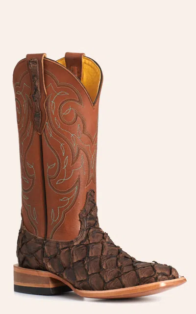 Cavenders Cavender's Women's Chocolate Pirarucu & Honey Wide Square Toe Cowboy Boots In Brown