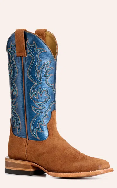 Cavenders Cavender's Women's Cognac Suede Metallic Blue Wide Square Toe Cowboy Boots In Brown