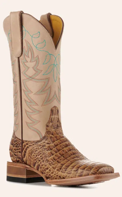 Cavenders Cavender's Women's Endurance Beige And Sand Croc Print Wide Square Toe Cowboy Boots In Brown