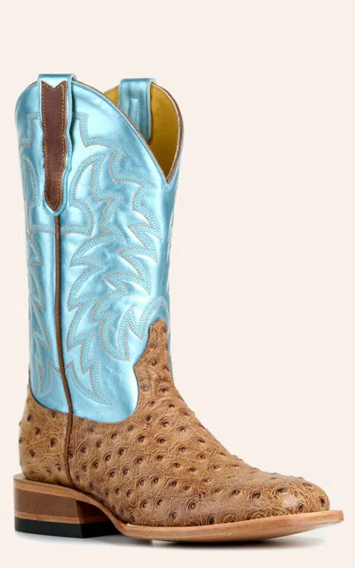 Cavenders Cavender's Women's Endurance Saddle Tan Ostrich Print And Metallic Blue Wide Square Toe Cowboy Boots In Brown