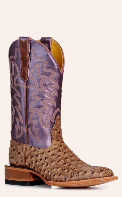 Cavenders Cavender's Women's Endurance Sand Ostrich Print And Metallic Purple Wide Square Toe Cowboy Boots In Brown