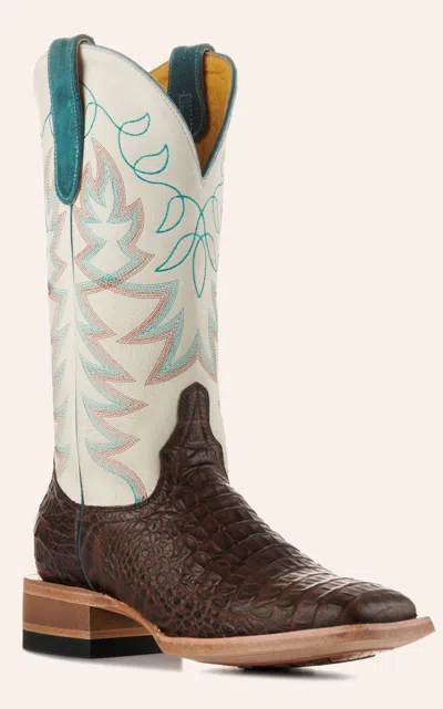 Cavenders Cavender's Women's Endurance White And Chocolate Croc Print Wide Square Toe Cowboy Boots In Brown