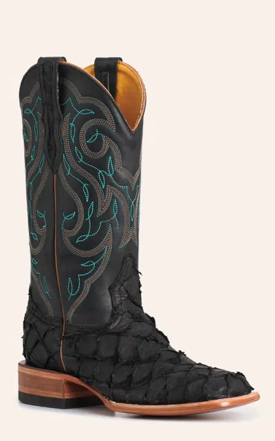 Cavenders Cavender's Women's Horseman Black Pirarucu & Leather Wide Square Toe Cowboy Boots