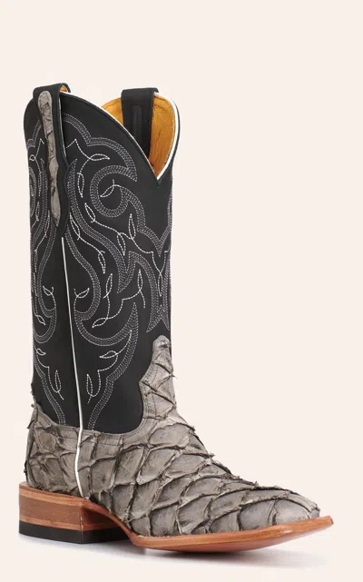 Cavenders Cavender's Women's Horseman Charcoal Pirarucu & Black Leather Wide Square Toe Cowboy Boots In Gray