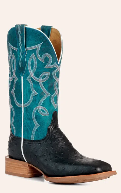 Cavenders Cavender's Women's Intrepid Black Ostrich Print And Turquoise Wide Square Toe Cowboy Boots