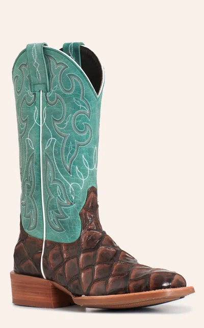 Cavenders Cavender's Women's Intrepid Chocolate Pirarucu Print & Turquoise Wide Square Toe Boots In Brown