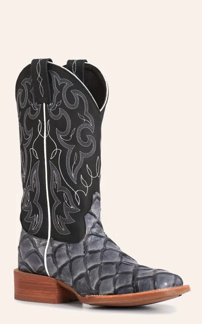 Cavenders Cavender's Women's Intrepid Gray Pirarucu Print & Black Faux Leather Wide Square Toe Cowboy Boots