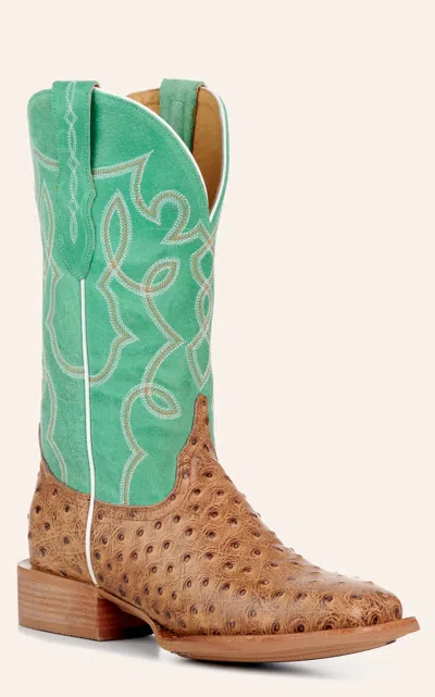 Cavenders Cavender's Women's Intrepid Saddle Tan Ostrich Print And Green Wide Square Toe Cowboy Boots In Brown