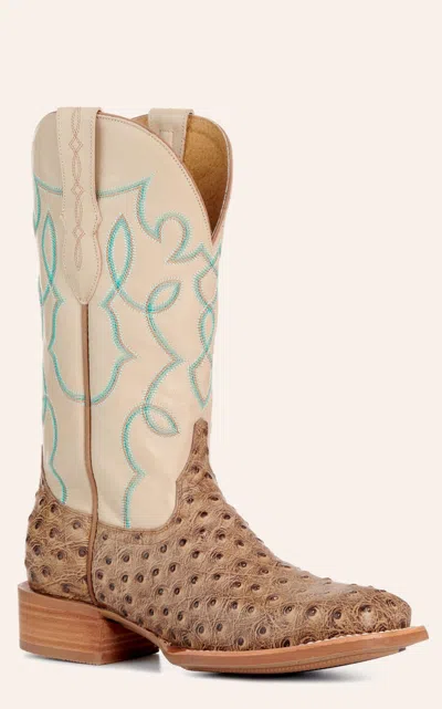 Cavenders Cavender's Women's Intrepid Sand Ostrich Print And Bone Wide Square Toe Cowboy Boots In Brown
