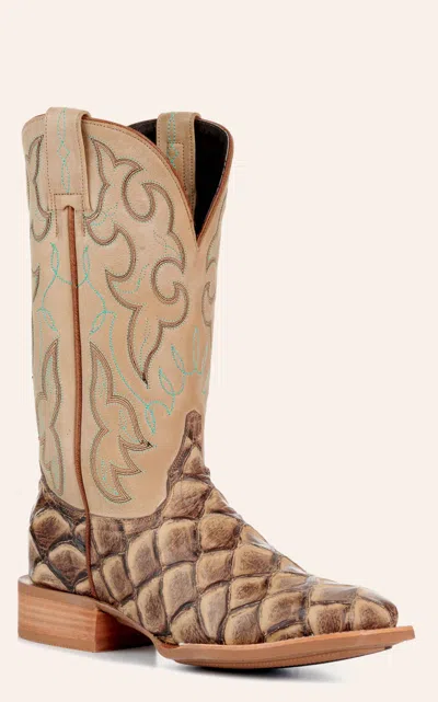 Cavenders Cavender's Women's Intrepid Sand Pirarucu Print And Cream Wide Square Toe Cowboy Boots In Brown