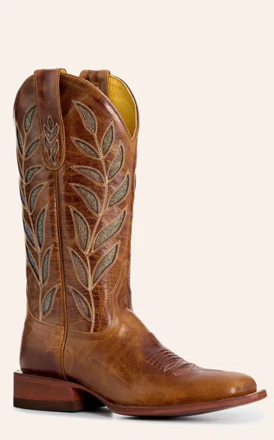 Cavenders Cavender's Women's Pecan Oryx Botanical Inlay Wide Square Toe Cowboy Boots In Brown