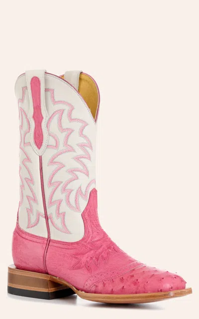 Cavenders Cavender's Women's Pink Ostrich & White Wide Square Toe Cowboy Boots