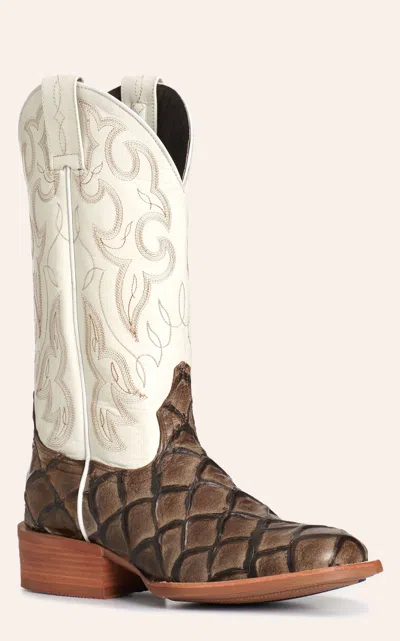 Cavenders Cavender's Women's Shadow Brown Pirarucu Print & White Intrepid Wide Square Toe Cowboy Boots In Animal Print