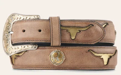 Cavenders Cavender's Women's Taupe With Gold Longhorn Inlays And Conchos Belt In Brown