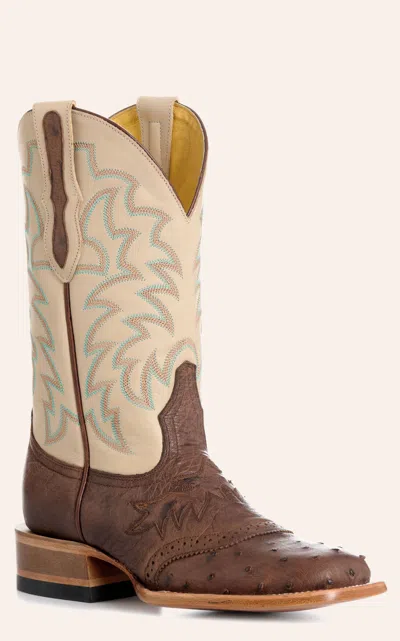 Cavenders Cavender's Women's Tobacco & Bone Ostrich Wide Square Toe Cowboy Boots In Brown