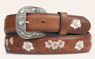 Cavenders Cavender's Women's Tobacco Rust Brown With Floral Embroidery Leather Belt