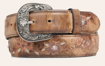 Cavenders Cavender's Women's Weathered Tan With Floral Embroidery Leather Belt In Brown