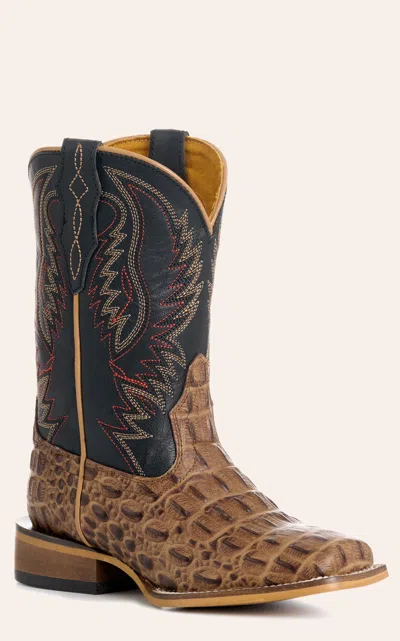 Cavenders Cavender's Youth's Black And Sand Crocodile Print Wide Square Toe Cowboy Boots In Brown