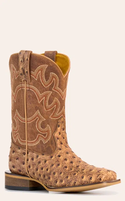 Cavenders Cavender's Youth Camel Ostrich Print And Brown Wide Square Toe Cowboy Boots