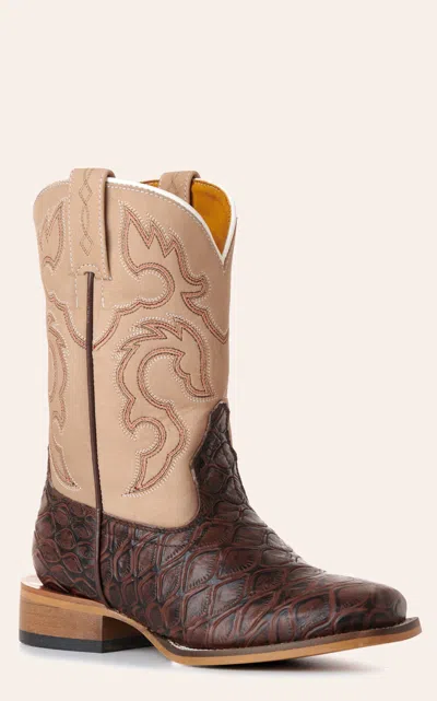 Cavenders Cavender's Youth Cream & Chocolate Pirarucu Print Wide Square Toe Cowboy Boots In Brown