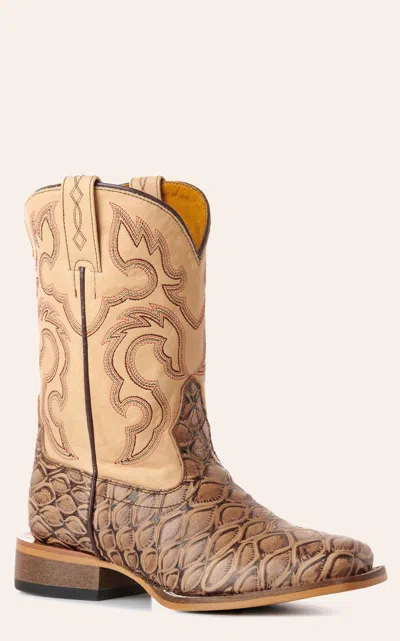 Cavenders Cavender's Youth Natural & Tan Pirarucu Print Wide Square Toe Cowboy Boots In Brown