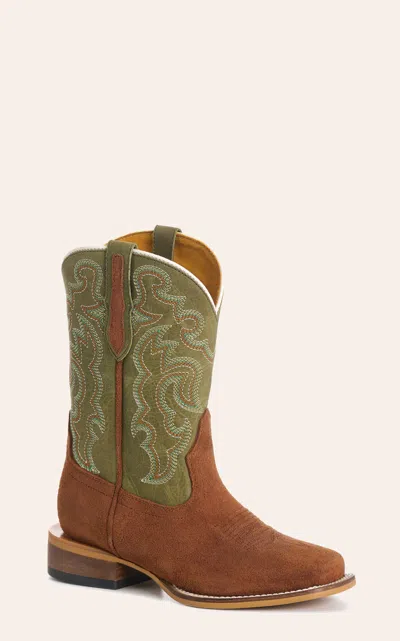 Cavenders Cavender's Youth Olive Green & Brown Roughout Suede Square Toe Cowboy Boots