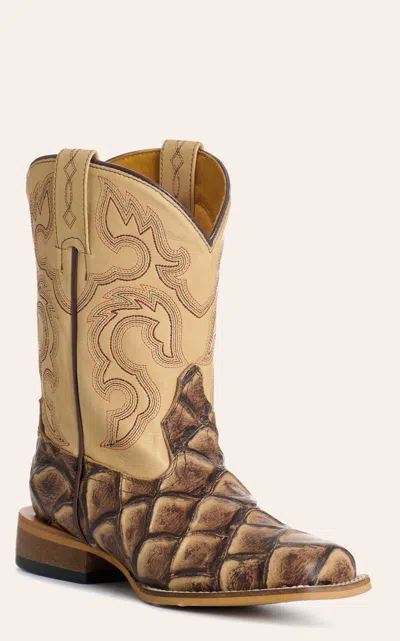 Cavenders Cavender's Youth Sand & Natural Pirarucu Print Wide Square Toe Cowboy Boots In Brown