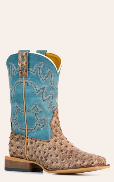 Cavenders Cavender's Youth Sand Ostrich Print And Blue Wide Square Toe Cowboy Boots In Brown