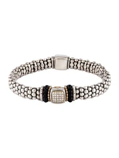 Pre-owned Caviar Two-tone Onyx & Diamond Station Bracelet, 7" In Multicolor